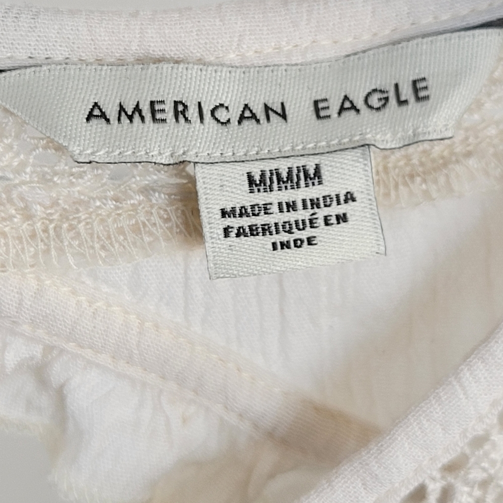 American Eagle Boho Cottagecore Lace Peplum Blouse M Cream Open Back Tie - Picture 7 of 9